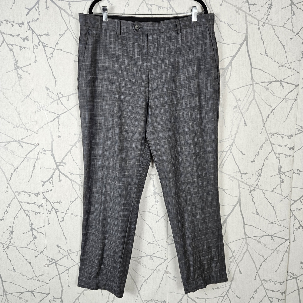 Logan Hill Gray Checks 100% Wool Flat Front Trousers